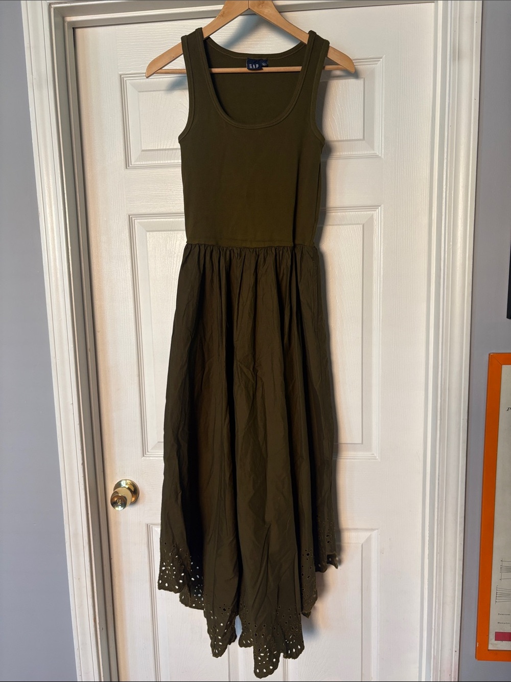 Khaki Green Gap Dress with Knit Top and Cotton Handkerchief Eyelet Hem